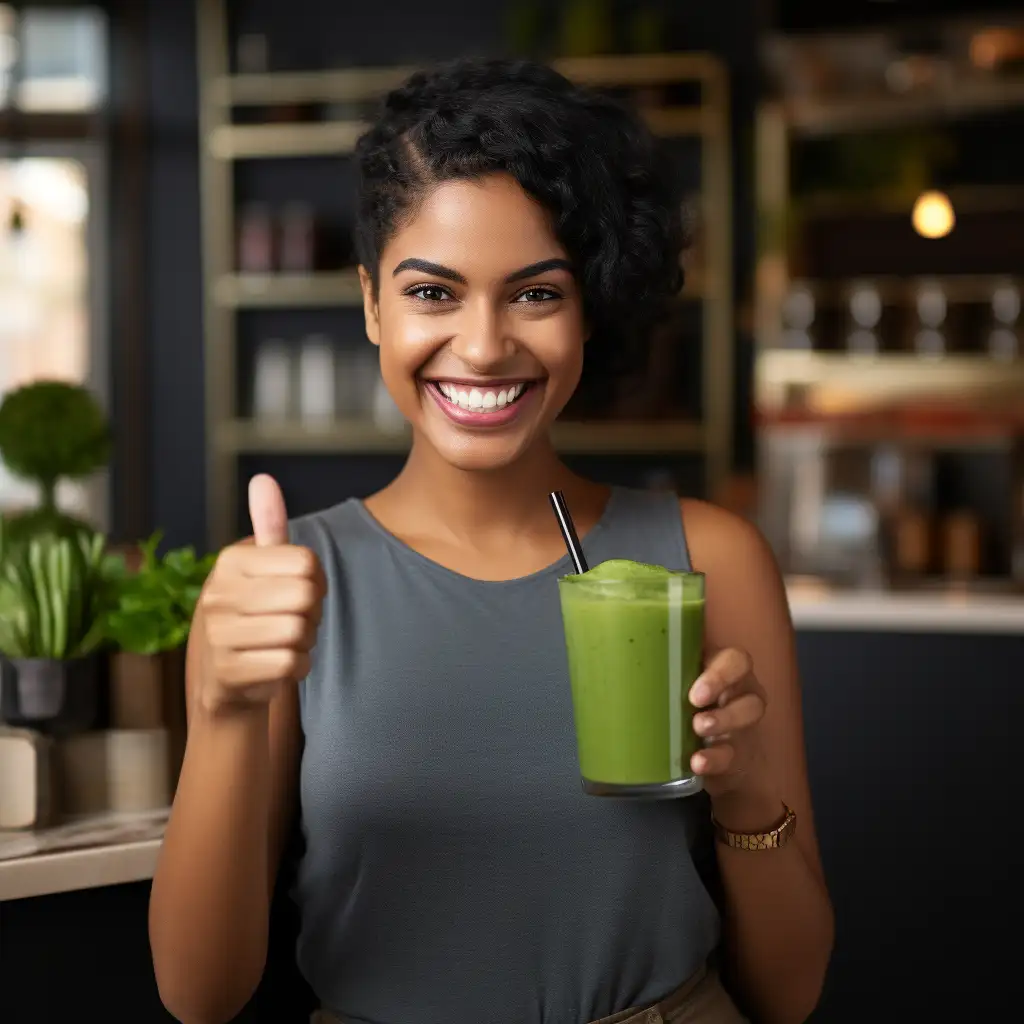 Chica feliz sosteniendo una taza de té Matcha Slim