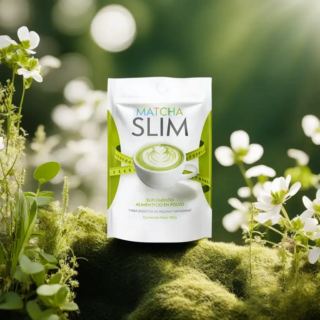 Empaque de Matcha Slim en un entorno natural